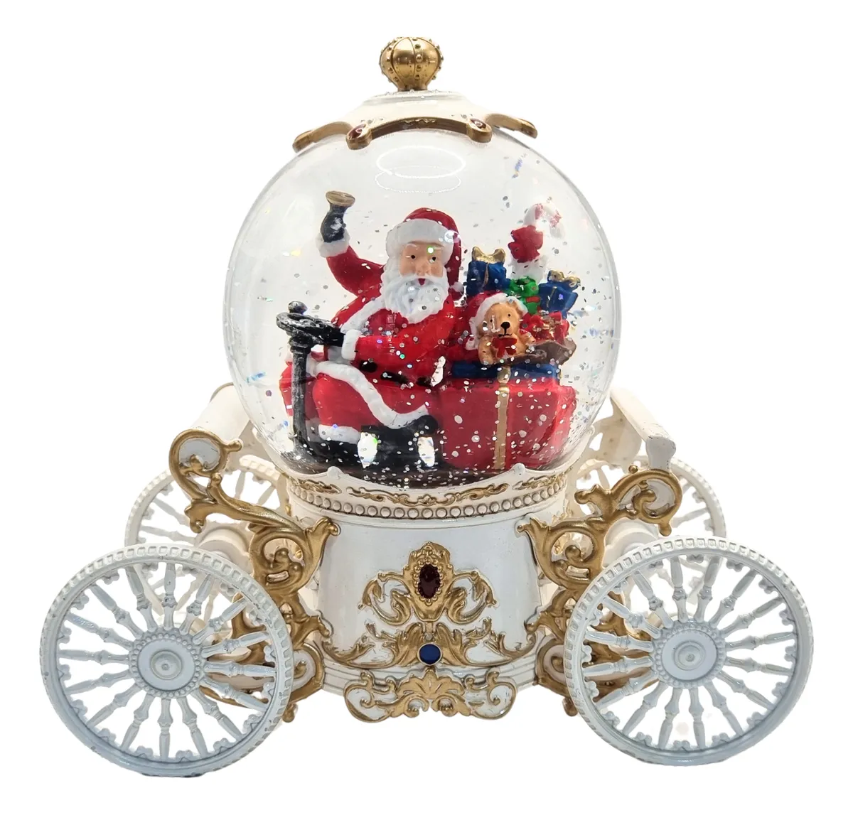 Luminária Carruagem Luxo Natalina Com Luz Som Enfeite Natal Noel Dirigindo - Branco - Imagem 2