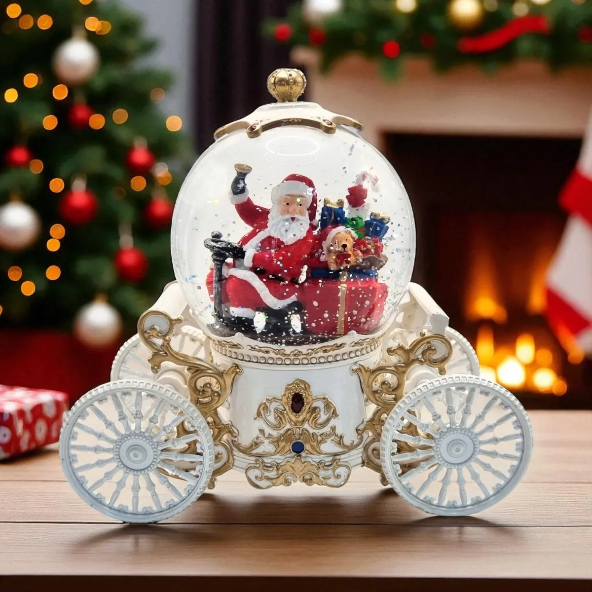 Luminária Carruagem Luxo Natalina Com Luz Som Enfeite Natal Noel Dirigindo - Branco