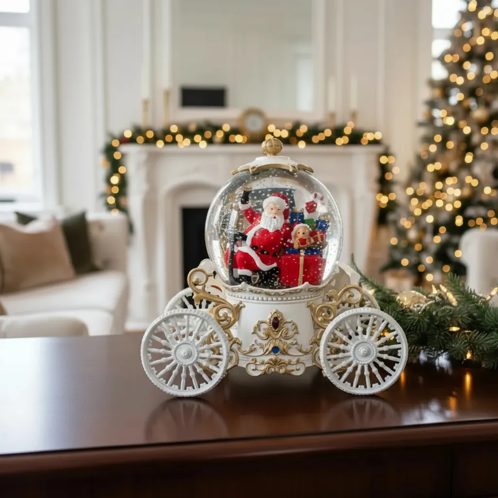 Luminária Carruagem Luxo Natalina Com Luz Som Enfeite Natal Noel Dirigindo - Branco - Imagem 4