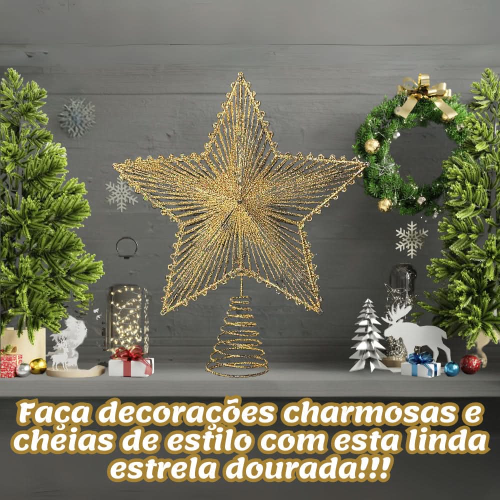 Estrela 24cm Brilhante Aramada Com Glitter Para Árvore De Natal Metalizado - Imagem 4