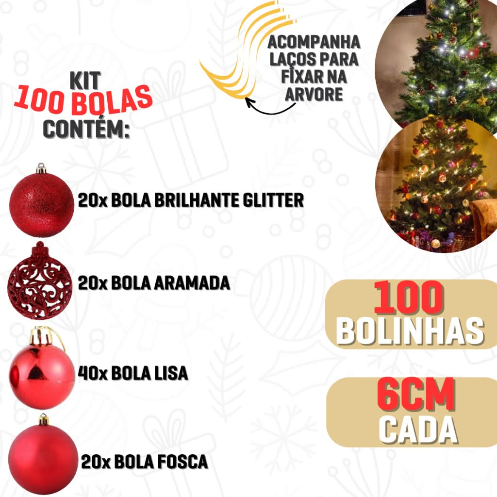Kit 100 Bolinhas Enfeite Árvore de Natal 6cm - Imagem 2