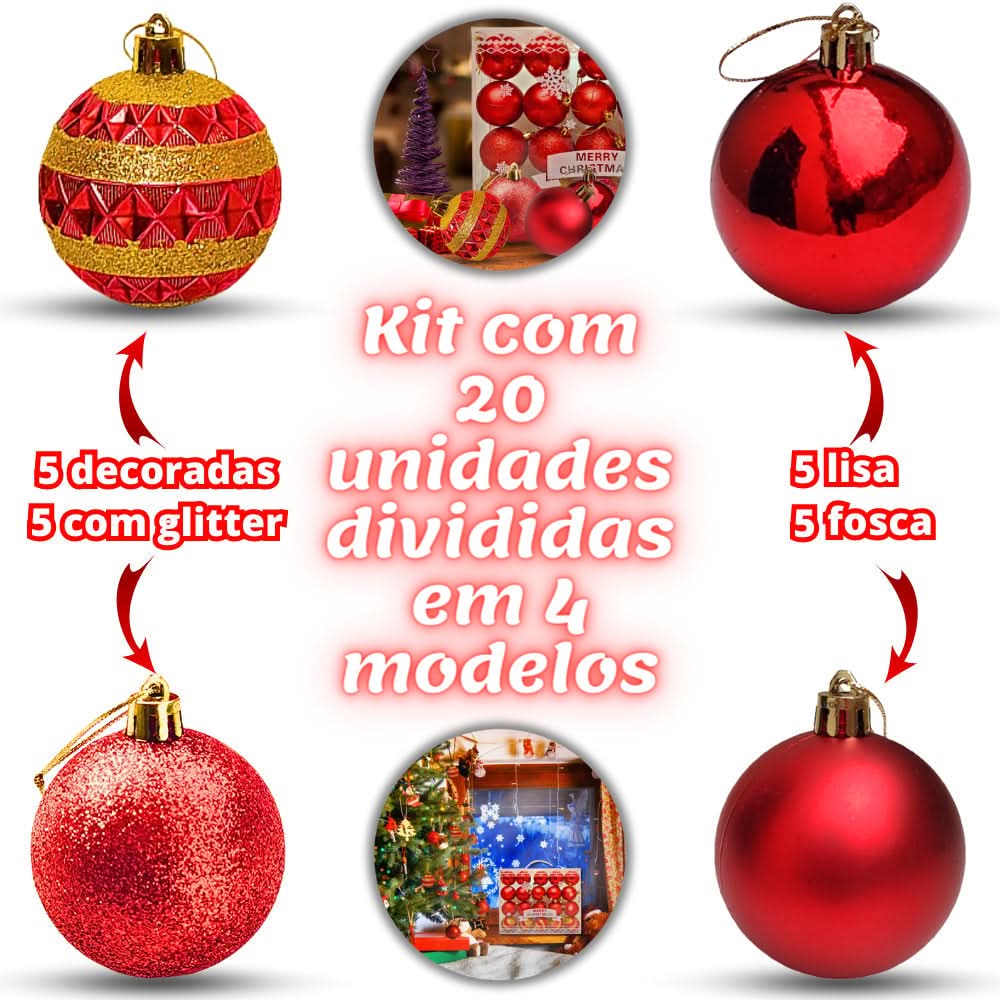 Kit 20 Bolas De Natal Grande 6cm Decorada Lisa Fosca Com Glitter - Imagem 3