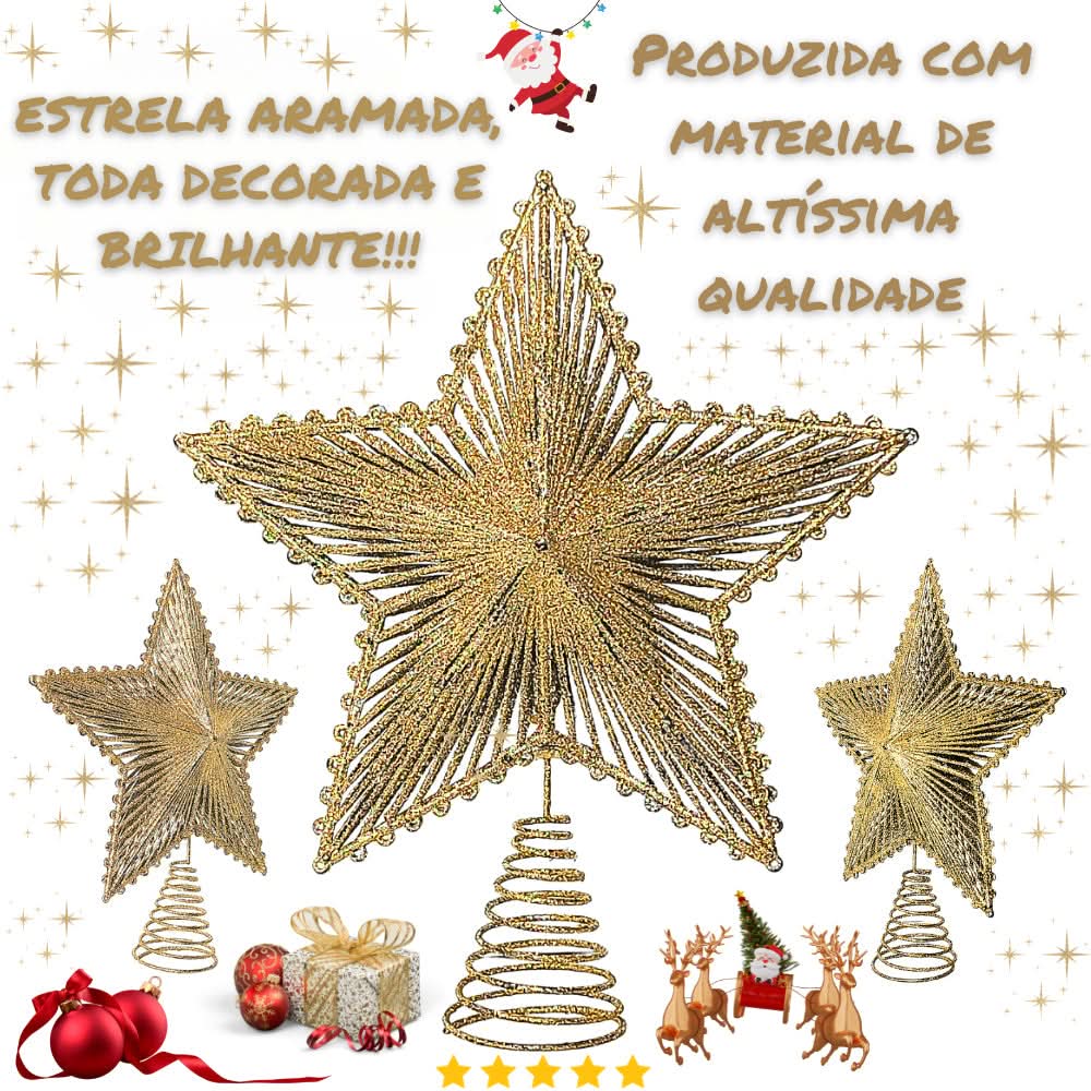 Estrela 24cm Brilhante Aramada Com Glitter Para Árvore De Natal Metalizado - Imagem 2