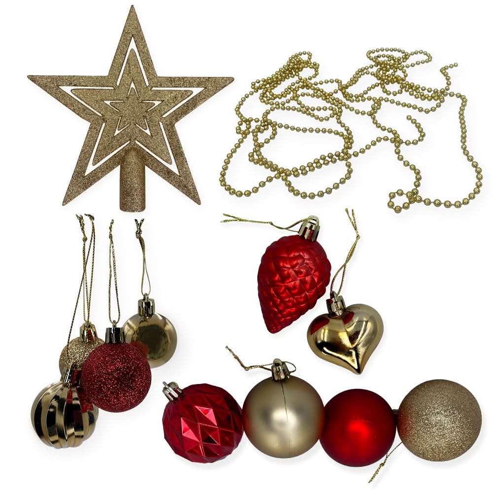 Kit Enfeites de Natal Bolas Estrela Dourado e Vermelho Completo - Imagem 2